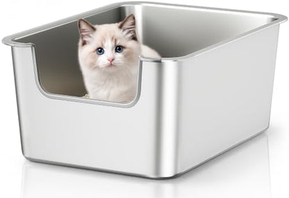 High-Sided Stainless Steel Cat Litter Box, Low Entry, Odor-Free, Non-Stick by Unknown