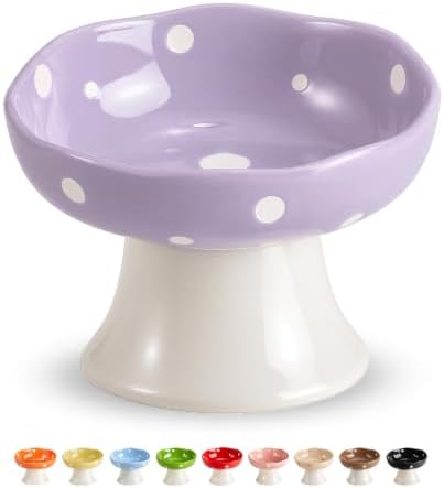 Purple Mushroom Cat Bowl, Elevated Ceramic Bowl for Cats by Trundisan