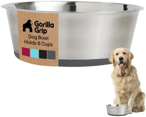 GORILLA GRIP Dog Bowl, Food Grade Stainless Steel Water Bowls, 6 Cup Gray by GorillaGrip