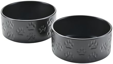 SPUNKYJUNKY Ceramic Dog and Cat Bowls 2 Pack, 5.1'' Dog and Cat Food Water Double Feeding Bowls Non-Slip for Cats and Puppy Small Sized Breed Dogs Microwave Dishwasher Safe - 13.5 OZ, 2pcs, Paw Black by SPUNKYJUNKY