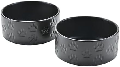 SPUNKYJUNKY Ceramic Dog and Cat Bowls 2 Pack, 5.1'' Dog and Cat Food Water Double Feeding Bowls Non-Slip for Cats and Puppy Small Sized Breed Dogs Microwave Dishwasher Safe - 13.5 OZ, 2pcs, Paw Black by SPUNKYJUNKY