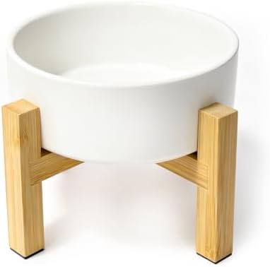 Elevated Ceramic Cat Bowl - Cat Food Bowl with Bamboo Stand - Raised Dog Dish for Puppies - Anti Vomiting, Stress Free - 13.5 oz / 400 ml - White by HCHLQLZ
