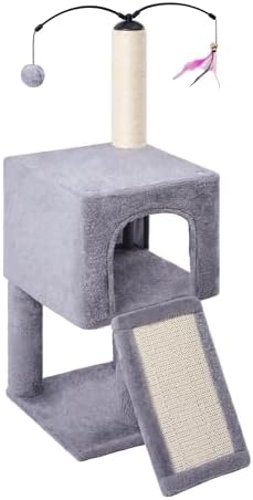 Roypet 32" Cat Tree for Indoor Cats, 2-in-1 Cat House with Sisal Scratching Post & Ramp, 2-Level Cat Tower with Rotatable Feather & Ball Toys, Stable Grey Cat Condo for Small/Medium Cats, Grey - Image 2
