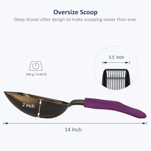 WePet Cat Litter Scoop, Non-Stick Plated Aluminum Alloy Sifter, Kitty Durable Metal Scooper, Deep Shovel, Long Handle, Kitten Pooper Lifter, Size Large, Coated Black Body with Violet Handle - Image 3