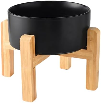 6'' Ceramic Raised Dog Bowl - 30Oz Dog Food & Water Bowl with Elevated Non-Slip Bamboo Stand, Dishwasher & Microwave Safe, Anti Vomiting Heavy Duty Pet Bowl for Small and Medium Dogs, Black by Welloyed