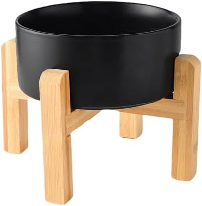 6'' Ceramic Raised Dog Bowl - 30Oz Dog Food & Water Bowl with Elevated Non-Slip Bamboo Stand, Dishwasher & Microwave Safe, Anti Vomiting Heavy Duty Pet Bowl for Small and Medium Dogs, Black by Welloyed