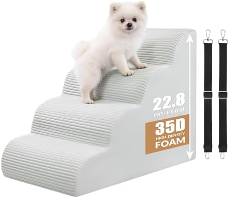 Dog Stairs for Bed Up to 24" H, Extra Height 22.8" 4-Step Pet Steps for Small Dogs and Cats, Non-Slip Sturdy Dog Ramp with Anti-Tip Safety Strap and Washable Cover,Balanced Ramp Indoor Pet Stairs by KASBAH