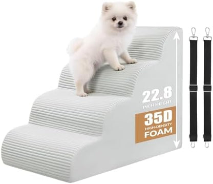 Dog Stairs for Bed Up to 24" H, Extra Height 22.8" 4-Step Pet Steps for Small Dogs and Cats, Non-Slip Sturdy Dog Ramp with Anti-Tip Safety Strap and Washable Cover,Balanced Ramp Indoor Pet Stairs by KASBAH