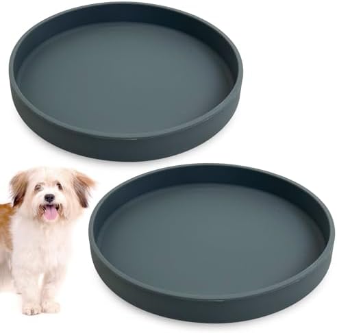 Silicone Dog Bowl Shallow Cat Food Bowls 7in Flat Puppy Plates Cute Whisker Fatigue Pet Feeding Dishes Set of 2 for Dry and Wet Food Indoor (Round Dark Grey) by Apatal