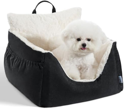 Milk and Soda Small Dog Car Seat Bed for Small Dogs Under 20 LBS with 2-Sided Pillow, Side Pockets, Clip on Leash, Machine Washable Cover, Pet Carseat Travel Carrier, Black, Small by MilkSoda