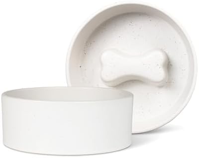 Fringe Studio Speckled Bone Bone Medium Ceramic Slow Feeder Pet Bowl (6.5" Diameter x 2.5" H, 30 fl.oz.), PetShop Collection (780MD001) by FringeStudio