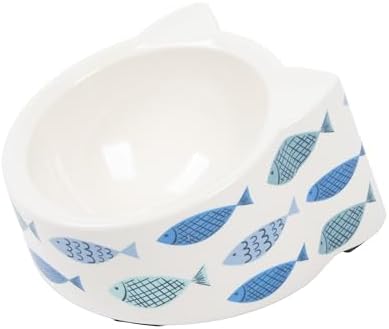 Kitty City Elevated Melamine Cat Bowl - Raised Tilted Dish for Food & Water, Sturdy Non-Slip Base, Non-Porous & Break Resistant, Dishwasher Safe, Indoor or Outdoor Pets – 5.4oz Capacity, Blue Fish by KittyCity