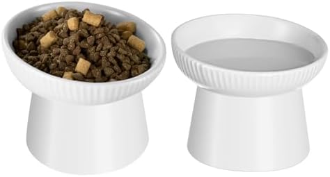 Ceramic Elevated Cat Bowls-Water Bowl, 15° Tilted Design, Anti-Vomiting & Spine Protection, Prevent Whisker Fatigue for Kittens to Adult Cats and Small Dogs (White-15° Cat Bowls-2) by Pin+Forest
