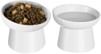 Ceramic Elevated Cat Bowls-Water Bowl, 15° Tilted Design, Anti-Vomiting & Spine Protection, Prevent Whisker Fatigue for Kittens to Adult Cats and Small Dogs (White-15° Cat Bowls-2) by Pin+Forest