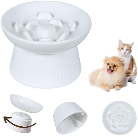 Unbreakable Raised Slow Feeder Bowl for Cats and Small Dogs, Elevated Cat Bowls, Detachable Slow Feede Bowl, Heavy Weighted, Non-Slip Feeder, Dry & Wet Food, Whisker Friendly Flat Plates (White by FullCharm