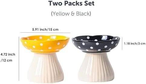 Mushroom Cat Bowl, Raised Ceramic Cat Food Dish for Whisker Fatigue, Forest Style Pet Water Bowl, Elevated Tilted Neck Protection Feeder for Indoor (Yellow & Black) - Image 2