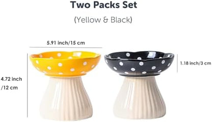 Mushroom Cat Bowl, Raised Ceramic Cat Food Dish for Whisker Fatigue, Forest Style Pet Water Bowl, Elevated Tilted Neck Protection Feeder for Indoor (Yellow & Black) - Image 2