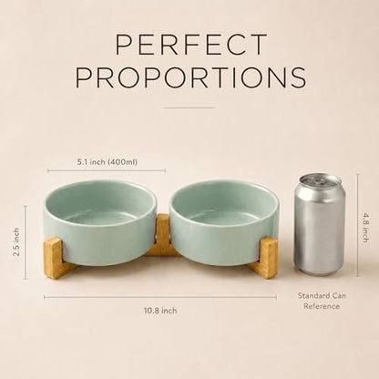 SPUNKYJUNKY Ceramic Dog and Cat Bowl Set with Wooden Stand, Modern Cute Weighted Food Water Set for Small Size Dogs (13.5OZ) & Medium Sized Dogs (28.7OZ) & Cats (1.7 Cups, 2 × Morandi Green) - Image 5