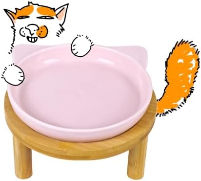 Elevated Ceramic Cat Bowls with Bamboo Stand for Cat Bowl, Whisker Friendly Shallow Cat Plate, Stable Raised Cat Food Riser for Indoor Cats (Pink, Set of 1) by Tafelf
