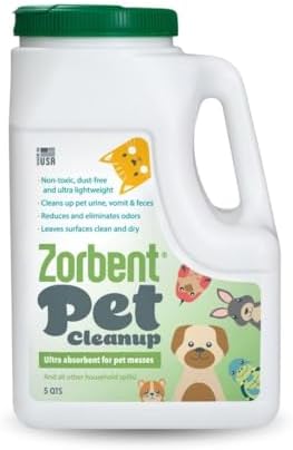 Zorbent Pet Accident Cleanup – Odor Remover for Dog & Cat Messes. Absorbs 1 Gallon. Pet-Safe Cleaner for Urine, Vomit, Poop & Accidents on Hardwood, Tile, Vinyl, Concrete, Short Carpet & Rugs, 5 qt by Zorbent