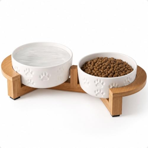 Ceramic Dog Bowl Set of 2, Anti-Skid Bamboo Stand, Elevated, 2 Cups Each by HBDesignCo