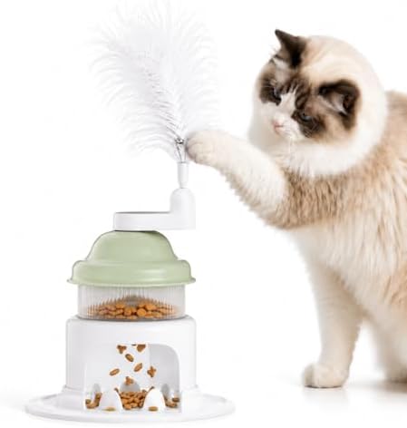 Cat Slow Feeder Toy with Feather Teaser, Interactive Puzzle Feeder for Cats, Mental Stimulation Foraging Toy, Suitable for Dry & Wet Food(Green) by Unknown