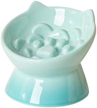 Macarons Series Ceramic Slow Feeder Cat Bowl, Raised Puzzle Feeder, Anti Vomiting Cat Slow Feeding, Elevated Food Bowl, Whisker Friendly Pet Bowl with Cute Ear Design (Gradient Green) by LeServeta
