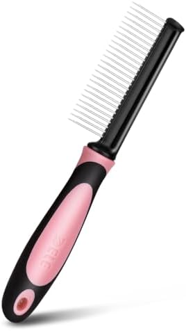 Flexzion Metal Pet Comb for Cats & Dogs - Sturdy Stainless Steel Rounded Teeth with Non-Slip Soft Grip Handle Easy to Use Grooming Detangling Cat Combs for Indoor Cats, Pink by Flexzion