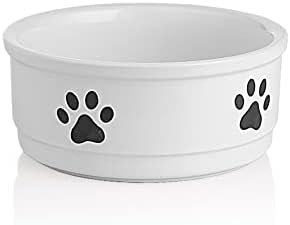Sweejar Ceramic Dog Bowls with Paw Pattern, Dog Food Dish for Small Dogs, Porcelain Pet Bowl for Water 16 Fl Oz (White) by Sweejarco1949
