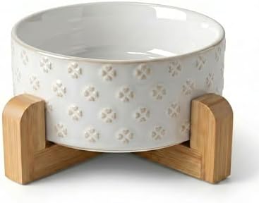 TRUVIC Ceramic Dog Bowl with Wood Stand, Jun Blanc Four-Leaf Clover Relief Dog Food and Water Bowl, 2 Cup/14 oz Puppy Food Bowl for Medium Dogs, Dishwasher Safe, Modern Geometric, Four-Leaf Clover by TRUVIC