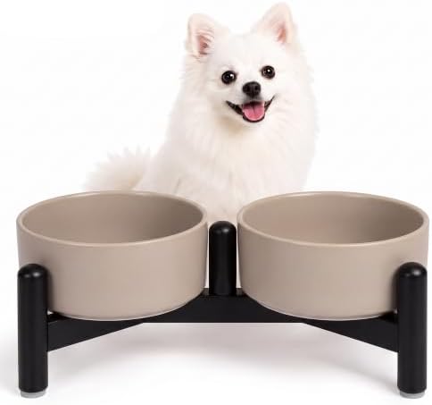 Raised Ceramic Dog Bowl Set with Stand, 1.6 Cups Elevated Dog Food Stand by PTOBER
