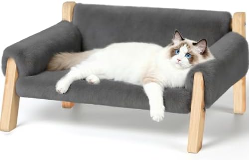 FAMIDGE Elevated Cat Couch Bed for Indoor Cats - Wooden Pet Sofa with Removable Washable Thick Cover Raised Kitty Lounge Chair Suitable for Puppy or Small Animals(Cat Sofa Light Grey) by FAMIDGE