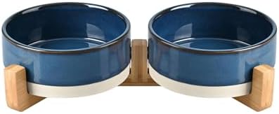 SPUNKYJUNKY Ceramic Dog and Cat Bowl Set with Wooden Stand, Modern Cute Weighted Food Water Bowl Set for Small Size Dogs (1.7 Cups, 2 × Pattern Blue) by SPUNKYJUNKY