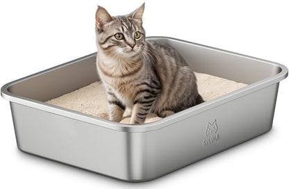 Qiuma Stainless Steel Cat Litter Box, Metal Kitty Litter Box for Small Cats, Non-Stick, Easy to Clean, Odor-Free, 15.6"×11.6"×3.9", Low Entry for Kittens, Rabbits & Small Breeds by Unknown