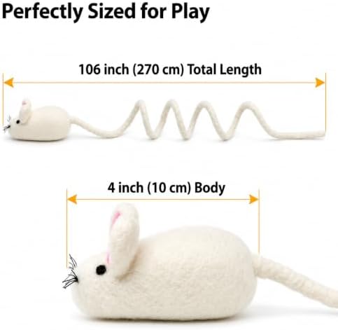 Glaciart One Felt Mouse Cat Toy – Soft Fuzzy Enrichment 100% Natural Wool - Interactive Catnip Play Cat Toy Set - Safe for Pets, Non-AZO Colored Dyes - 100” Long - Image 3