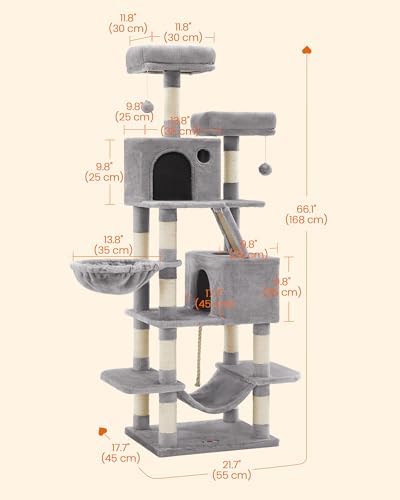 Feandrea Cat Tree, 66.1-Inch Large Cat Tower, Multi-Level Condo, Light Gray - Image 5