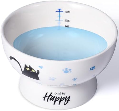 Porcelain Raised cat Bowl, 15-Ounce Raised Porcelain pet Bowl - Protects Your pet's Spine, Large-Capacity Non-Overflowing pet Bowl with Anti-Slip Strap, Dishwasher Safe (Blue) by AISBUGUR