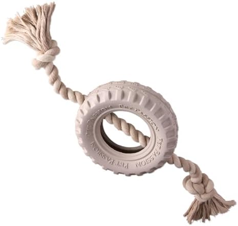 Pet Passion Natural Rubber Tire and Organic Cotton Rope Pull and Chew Dog Toy for All Pet Breeds, Almond Milk, Large by PetPassion