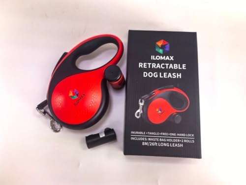 ILOMAX 360° Tangle-Free Retractable Dog Leash Built-in Waste Bag Dispenser Under Handle 2 Rolls Poop Bags Included Heavy Duty Tape Leash for Dogs up to 50kg Carry Pouch Included.26ft (Red, XL) - Image 2