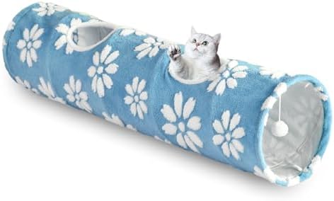 Straight Cat Tunnel for Indoor Cats 47"x12", Blue Flower by Yaning