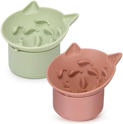 Funnymoom 2 Pack Silicone Cat Slow Feeder, Elevated Slow Feeder Cat Bowl for Dry and Wet Food, Tilted Design with Non Slip Base, Adjustable Angle for Pet(Green and Brown) by Funnymoom