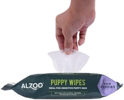 ALZOO Puppy Wipes for Sensitive Skin, Grooming Wipes with Organic Aloe Vera, Daily Cleaning for Paws, Coat, Face & Body, Sweet Milk Scent, 100 Count, Made in USA by ALZOO