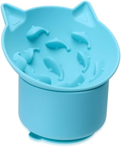 Silicone Cat Slow Feeder, Elevated Slow Feeder Bowl Tilt Design, Suitable for Dry and Wet Food, Adjustable Angle, Cat Food Puzzle with Suction Cup(Blue) by Bikabpet