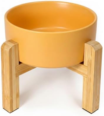 Ceramic Elevated Dog Bowl with Bamboo Stand, for Small & Medium Dog, Yellow by HCHLQLZ