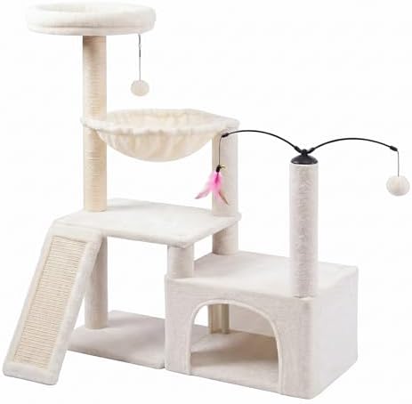 YUNIQUE Multi-Functional Cat Tree Tower, Big Cat Condo with Scratching Board, Rotating Toy & Deep Hammock, Luxury Perch Kitty Furniture for Indoor Cats (White) by YUNIQUE