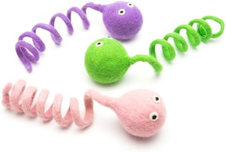 Glaciart One Felt Spring Cat Toy – 3 Pcs Soft Fuzzy Enrichment 100% Natural Wool - Interactive Stretchable Play Set - Safe for Pets, Non-AZO Colored Dyes - 4” Long by GlaciartOne