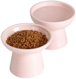 LoeJan Elevated Cat Food and Water Bowls Set, Extra Wide and Raised Ceramic Feeder, Anti-Vomit Whisker-Free Pressure Feeding Bowl for Kittens Adult Cats Small Dogs (Pink, Bowl Set) by LoeJan