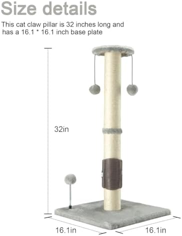 PEEKAB 32" Tall Cat Scratching Post Sisal Scratch Posts with Hanging Ball and Self-Massage Brush Vertical Scratcher for Indoor Cats and Kittens Light-Gray 32inches - Image 4