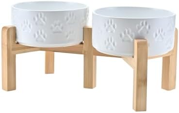 SPUNKYJUNKY Elevated Dog Bowls Ceramic, 6.1'' Dogs and Cat Food Water Bowls Raised with Non-Slip Bamboo Stand for Medium Sized Breed Microwave Dishwasher Safe - 28.7 OZ,Paw White by SPUNKYJUNKY