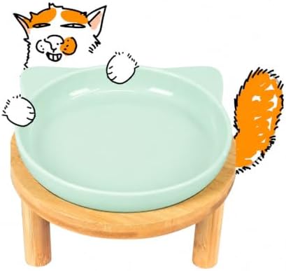 Elevated Ceramic Cat Bowls with Bamboo Stand for Cat Bowl, Whisker Friendly Shallow Cat Plate, Stable Raised Cat Food Riser for Indoor Cats (Green, Set of 1) by Tafelf